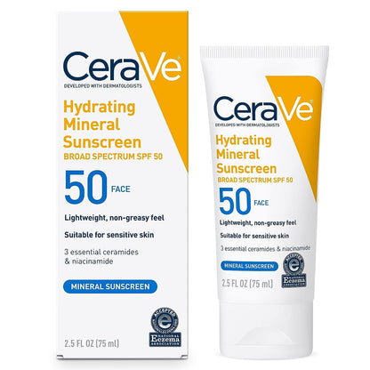 واقي شمسي CeraVe 100% Mineral Sunscreen SPF 50 | واقي شمسي للوجه يحتوي على أكسيد الزنك وثاني أكسيد التيتانيوم 